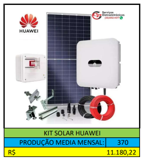 KIT SOLAR HUAWEI PRODUÇÃO MEDIA MESAL DE 370KW/MÊS