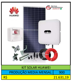 KIT SOLAR HUAWEI PRODUÇÃO MEDIA MESAL DE 900KW/MÊS