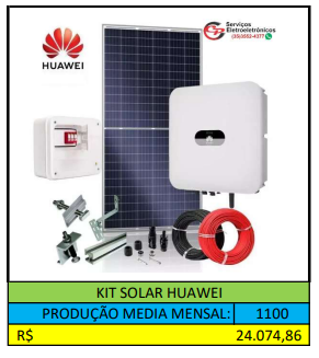 KIT SOLAR HUAWEI PRODUÇÃO MEDIA MESAL DE 1100KW/MÊS