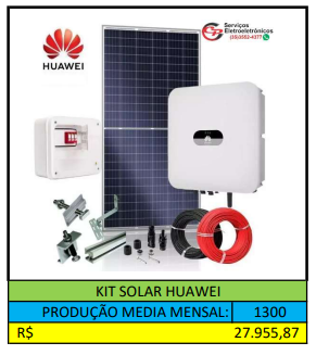 KIT SOLAR HUAWEI PRODUÇÃO MEDIA MESAL DE 1300KW/MÊS