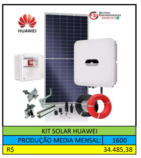 KIT SOLAR HUAWEI PRODUÇÃO MEDIA MESAL DE 1600KW/MÊS